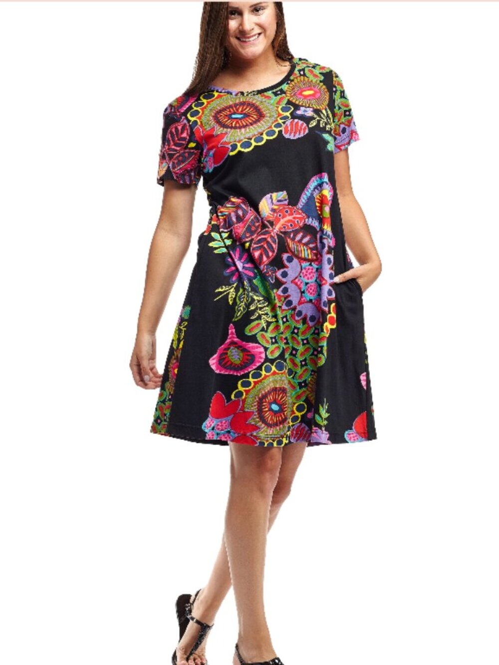 LA CERA Black Short Sleeve Dress with Bright Floral Print, Medium